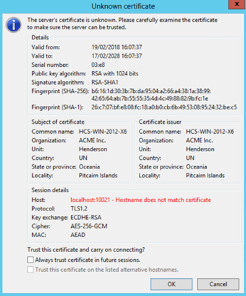 Filezilla presenting the server certificate.